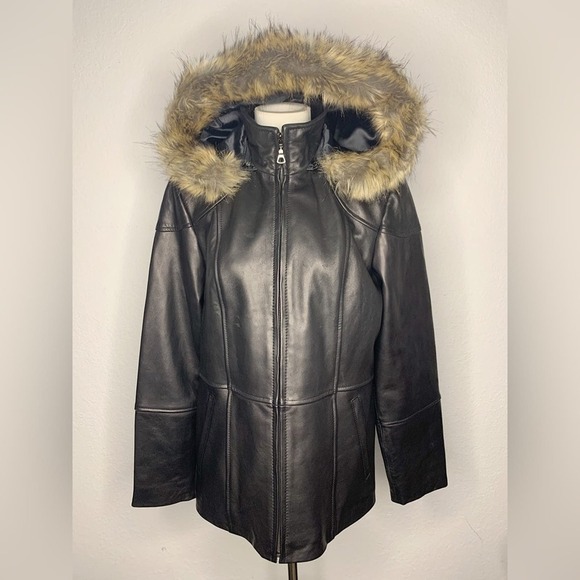 WORTHINGTON Genuine Lambskin Leather Black Zip-Up Jacket Oversized Faux Fur Hood - Picture 4 of 9